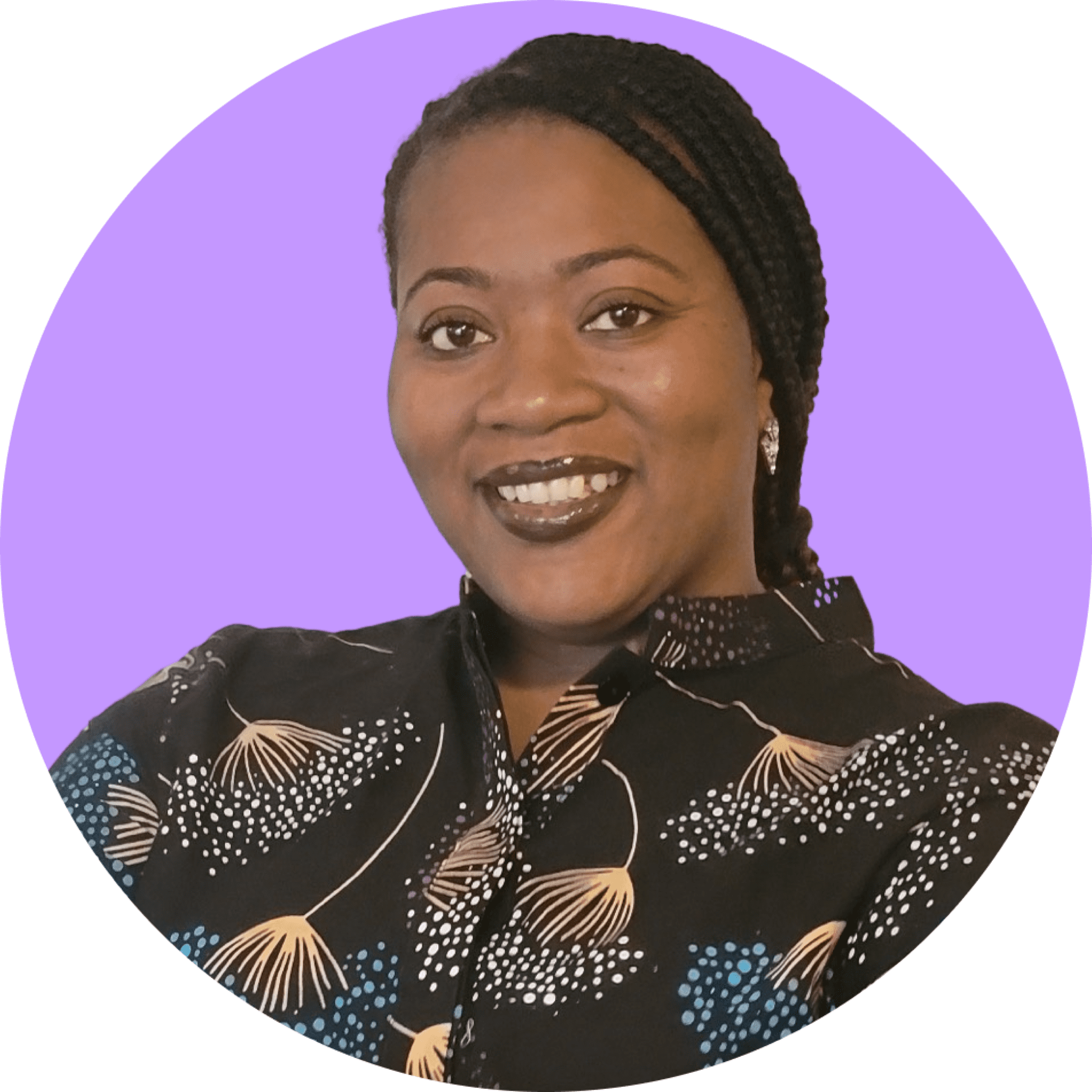 Photo of Ciandra St. Kitts, LCSW. Ciandra is smiling and wearing earrings and a black collared blouse with beige, white, and blue designs. Ciandra is a black woman with brown eyes and brown/black braids pulled back in a low ponytail. This photo is set against a lavender color circular purple backdrop.